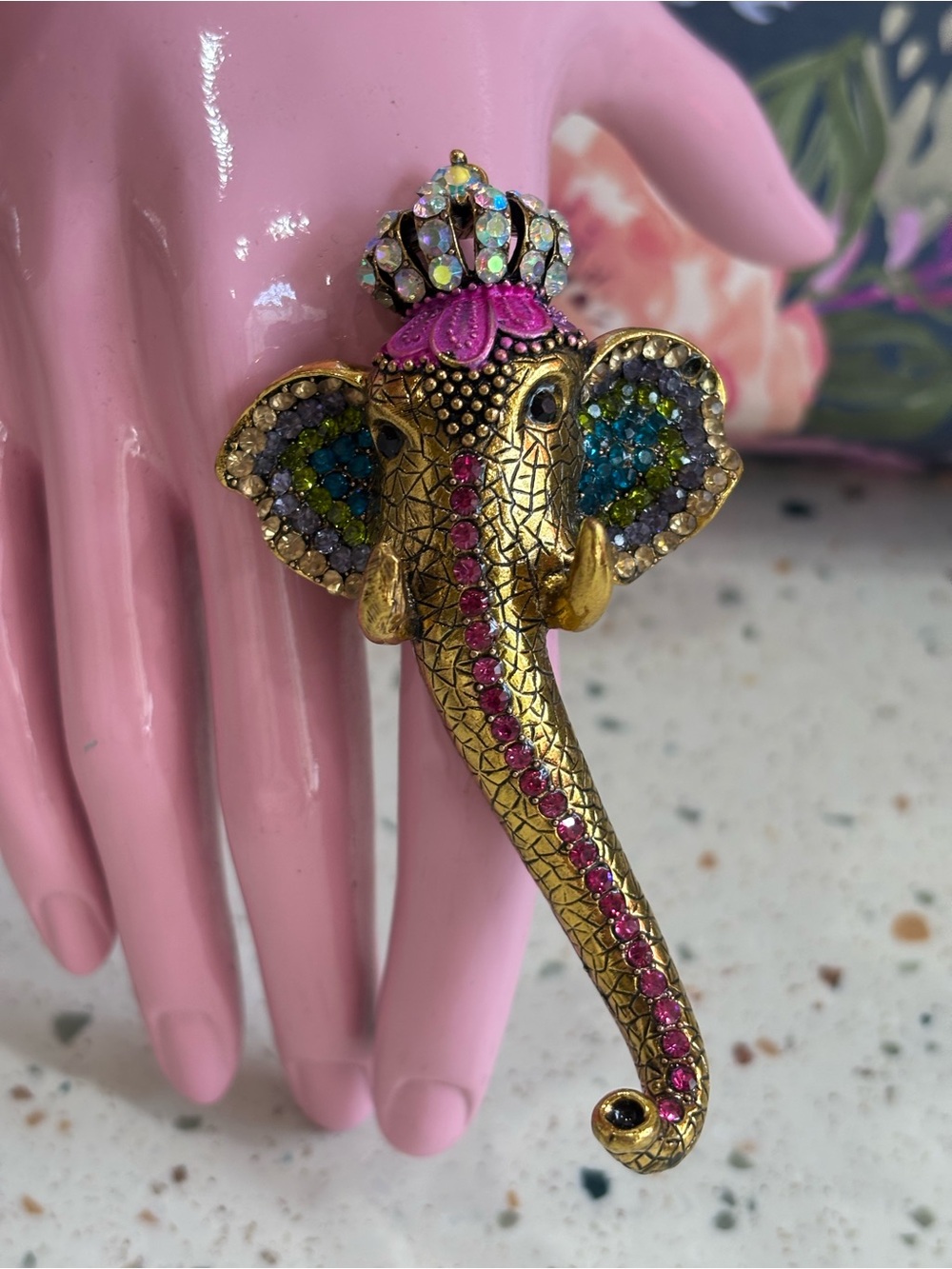 Chunky Large Jeweled Elephant Trunk Ring - Gold with Crystals Costume Jewelry